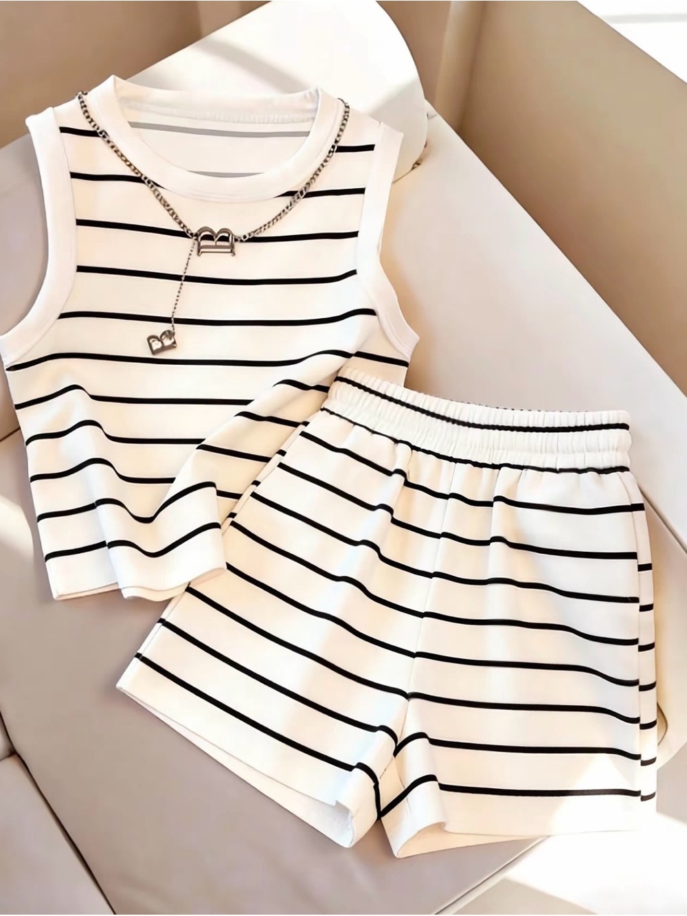 Striped Sleeveless Tank & Shorts Set - White with Black Stripes